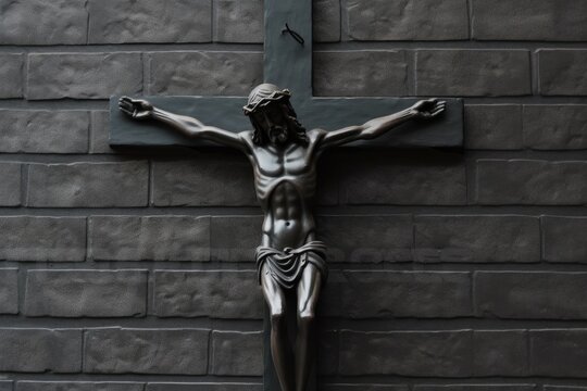 Conceptual wooden crucifix on a recently painted black brick wall. Generative AI