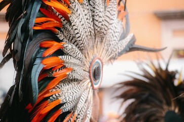 Headdress with feathers of Aztec dancers in Mexico