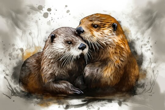 Love between these two otters is evident in the way they cuddle and groom each other. Watercolor Painting. Generative AI