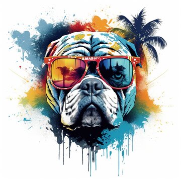 Naklejka Funny Colorful Dog Portrait in Sunglasses. Trendy Sticker or T-shirt Design. Generative Ai