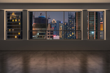 Empty room Interior Skyscrapers View Bangkok. Downtown City Skyline Buildings from High Rise Window. Beautiful Expensive Real Estate overlooking. Night time. 3d rendering.