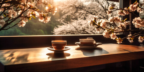 coffee scene on a wooden table with flowers,