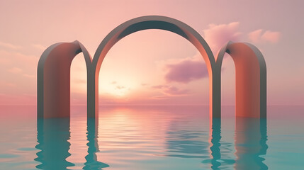 3d render, abstract zen seascape background. Nordic surreal scenery with geometric mirror arches, calm water and pastel gradient sky. Futuristic minimalist wallpaper