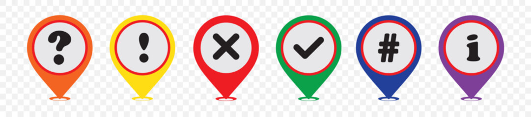 Obraz premium Vector illustration of a set of multi-colored map piointers on a transparent background.