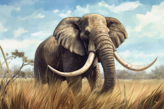 Enormous elephant lumbered through the savanna, its massive tusks glinting in the sun. Oil color painting necronomicon illustrations. Generative AI