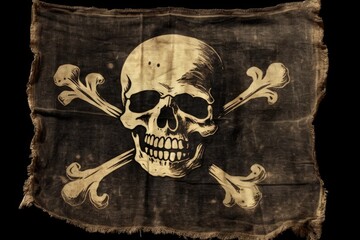 A dark and worn-out pirate flag bears an image of a skull and bones. Generative AI