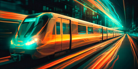 a train traveling at night with blurred motion