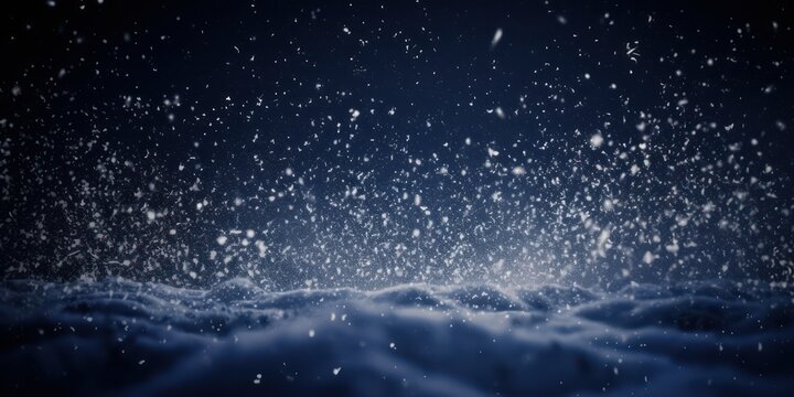 Winter background - sparkling falling snow against a dark blue sky and white snowdrifts. © Cat back G