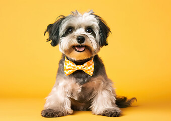 Cool Havanese posing in the photo studio in front of the yellow background. Despite being in an unfamiliar environment, the animal feels good. AI generated illustration.