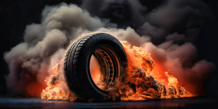 the car tire on fire with smoke coming from it
