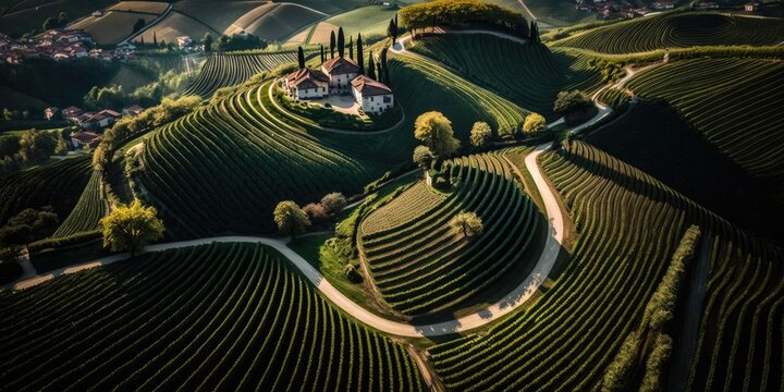 A Bird's-Eye View of Vineyard Elegance and Rural Charm. Generative AI