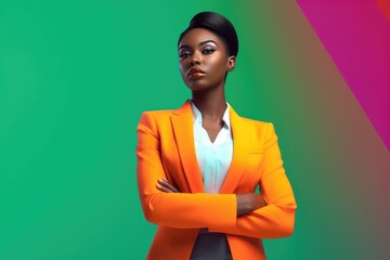 Beautiful fictional black woman in orange business attire on a brightly colored green background, , created with generative ai