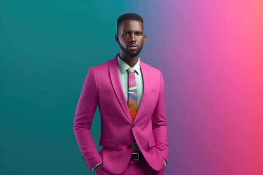 Beautiful Fictional Black Man In Pink Business Attire On A Brightly Colored Background, Created With , Created With Generative Ai