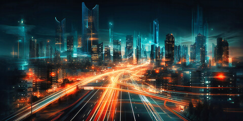 city with light trails on a street at night,