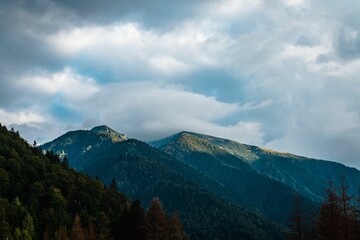 Big mountains covered in dense green forest under the cloudy sky