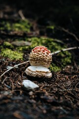 Close-up shot of the venomous Amanita fungus grown in the forest on the blurred background