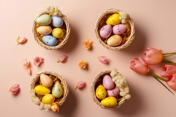 Easter Basket: Photo of Colorful Eggs on Pastel Background. Ai generated.