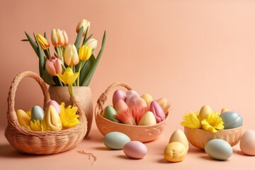 Easter Basket: Photo of Colorful Eggs on Pastel Background. Ai generated.