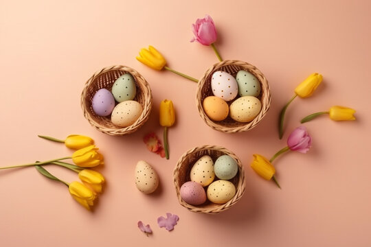 Easter Basket: Photo of Colorful Eggs on Pastel Background. Ai generated.