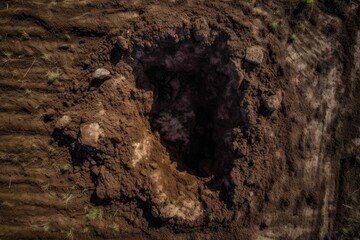 Fototapeta premium Brown plowed the ground. aerial view of a brown backgrounded field. Earth from above. Generative AI