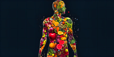 a human body made with various fruits and vegetables,