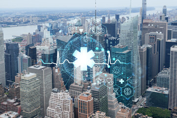 Aerial panoramic city view of Time Square area, Manhattan West Side and the Hudson River, New York city, USA. Health care digital medicine hologram. The concept of treatment and disease prevention