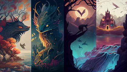 series of fantasy-themed illustrations, showcasing the mythical creatures and magical landscapes.  a  rich colors, intricate details, and a sense of depth to each image, a testament to the enduring po