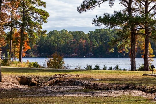 Scenic view of lake against autumn trees at Cheraw State Park in Chesterfield County, South Carolina