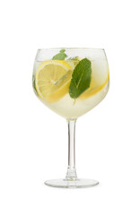 Summer cooling drink with fruits and berries on a white background. Mojito.
