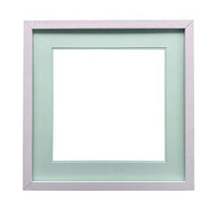 Square wooden picture frame, in white with mint green passe-partout