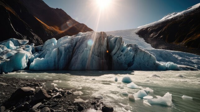 A picture of a glacier melting with water flowing down from it on a bright day.
