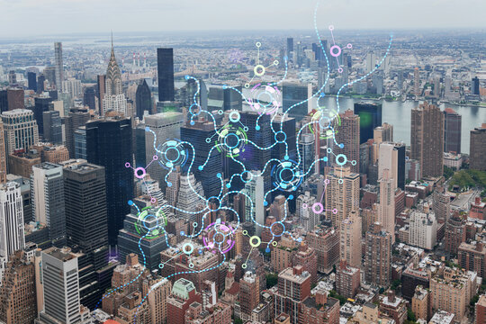 Aerial panoramic city view of Upper Manhattan, the East Side, river and Brooklyn on horizon, New York, USA. Artificial Intelligence concept, hologram. AI, machine learning, neural network, robotics