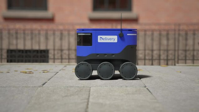 Automated delivery service. Smart self driving technology. Blue colored robot driving along the street, carrying order, parcel, goods to customers. New technological business, transportation approach