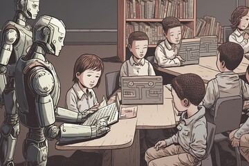 Intillegent robots or AI teaching multiracial children at school with keyboard, cartoon style
