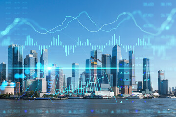 New York City skyline from New Jersey over Hudson River towards the Hudson Yards at day. Manhattan, Midtown. Forex graph hologram. The concept of internet trading, brokerage and fundamental analysis