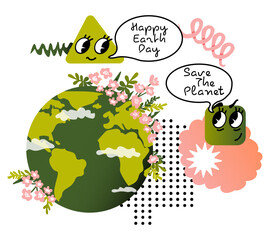 Happy Earth Day. Save the planet. Abstract doodle shapes. Planet Earth with clouds and blooming flowers. Concept of ecology and environmental protection. Vector illustration