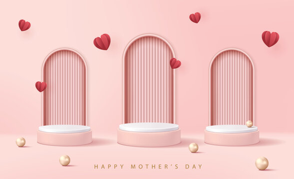 Mother's day banner for product demonstration. Pink pedestal or podium with pearls and flying hearts on pink background.
