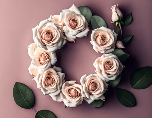 Wreath of pink roses on a pink background. Flat lay, top view, bouquet of roses with space, frame of roses, bouquet of roses AI Generative