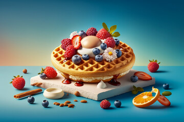 Obraz premium Tasty breakfast with waffles, Super photo realistic background, generative ai 3d illustration
