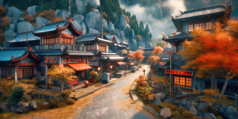 a street with houses in a valley and mountains,