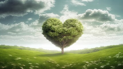 heart shaped tree on green field,generative AI digital illustration.