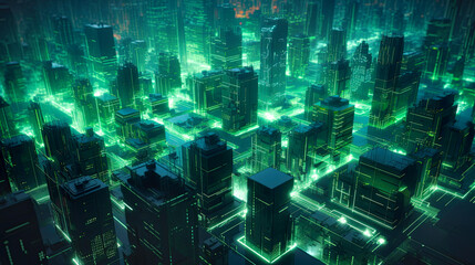 Fototapeta na wymiar Green futuristic city structure from upper view. Postproducted generative AI illustration.