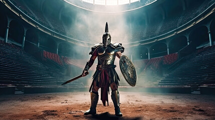 Mysterious gladiator with sword and shield stands in battle arena. Postproducted generative AI illustration. - obrazy, fototapety, plakaty