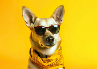 Cool dog posing in the photo studio in front of the colorful background. Despite being in an unfamiliar environment, the animal feels good. AI generated illustration.