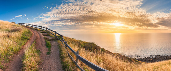 Hallett Cove coastline boarwalk sea view at sunset, South Australia