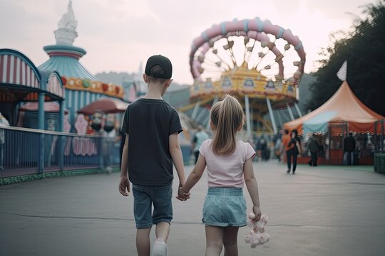 small boy and girl walking to amusement theme park hand in hand at summer