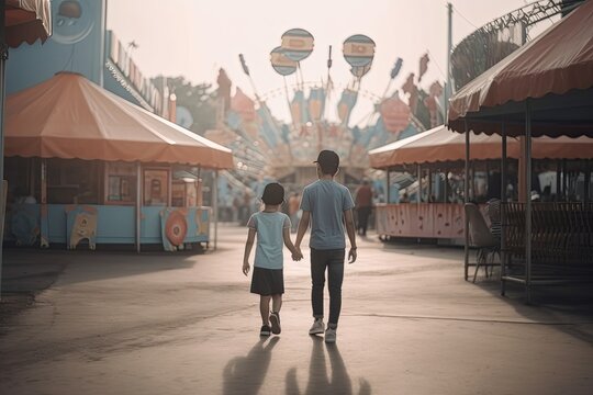two small children walking to amusement theme park hand in hand