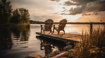Two wooden chairs on a wood pier overlooking a lake at sunset, Generative Ai