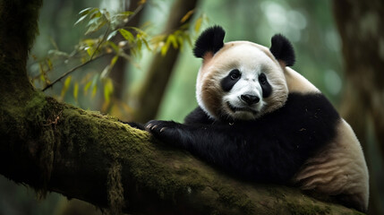 Obraz premium Lazy Panda Bear Sleeping on a Tree Branch, China Wildlife. Bifengxia nature reserve, Sichuan Province, Generative Ai