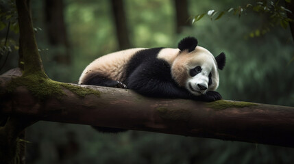 Obraz premium Lazy Panda Bear Sleeping on a Tree Branch, China Wildlife. Bifengxia nature reserve, Sichuan Province, Generative Ai